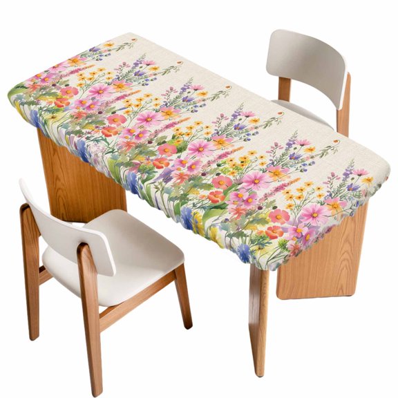 Pink Flowers Table Cloths for 4 Foot Rectangle Tables, Spring Floral Daisy Vintage Pastoral Botanical Patio Waterproof Elastic Fitted Tablecloths, Washable Rectangular Table Cover for Camping