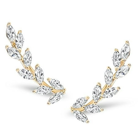 Crystal Leaf Ear Climbers - Simulated Diamond Flower Crawler Cuff Stud Earrings, Gold-Tone