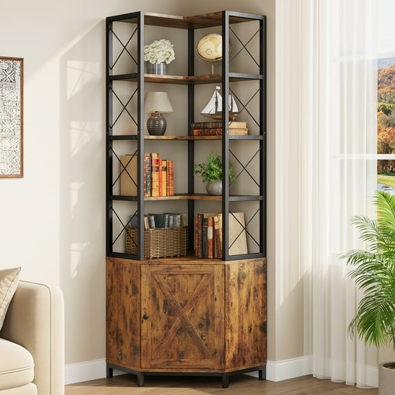 IRONCK 77.9" Tall Corner Bookshelf with 5-Tier Display Shelves and Door Storage Cabinet, Industrial L-Shaped Bookcase for Home Office Living Room