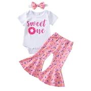 Inevnen Toddler Baby Girls Birthday Outfits Sweet One Romper Shirts Doughnut Shorts/Flared Pants Set