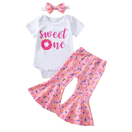 Inevnen Toddler Baby Girls Birthday Outfits Sweet One Romper Shirts Doughnut Shorts/Flared Pants Set