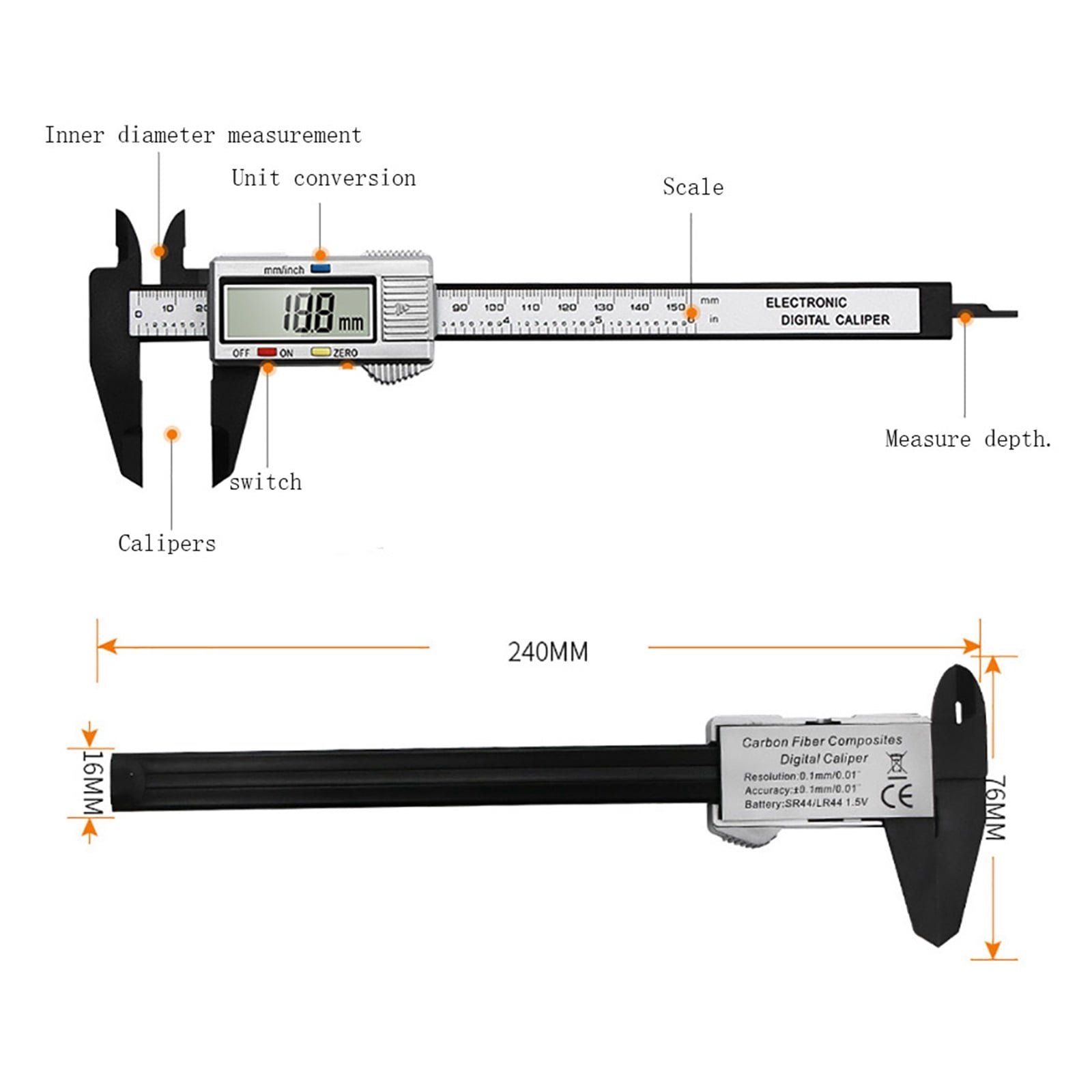 Vernier Caliper 150mm 6 Inch Electronic Digital Micrometer Carbon Fiber Non-precision Measuring Instruments Caliper ,Easy to Use