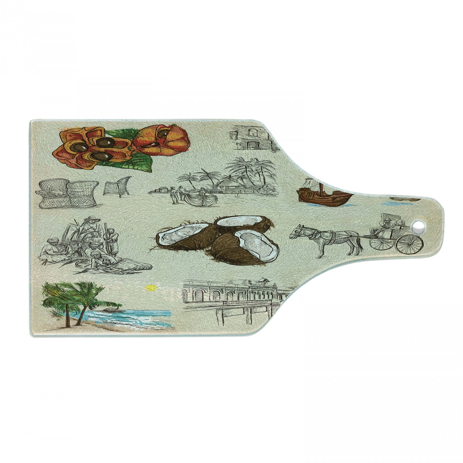 Jamaican Cutting Board, Hand Drawn Illustrations of Elements from