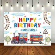Happy 2nd Birthday Backdrop Boy Choo Choo Train Chugga White Clouds Banner Blue Yellow Green Red Colorful Pennant Balloons White Background Party Decorations Cake Table Banner Props