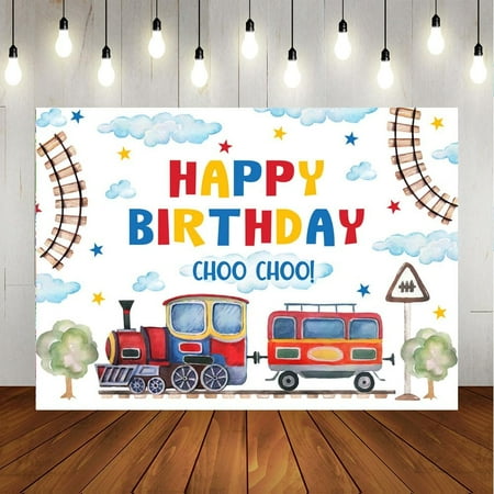 Happy 2nd Birthday Backdrop Boy Choo Choo Train Chugga White Clouds Banner Blue Yellow Green Red Colorful Pennant Balloons White Background Party Decorations Cake Table Banner Props