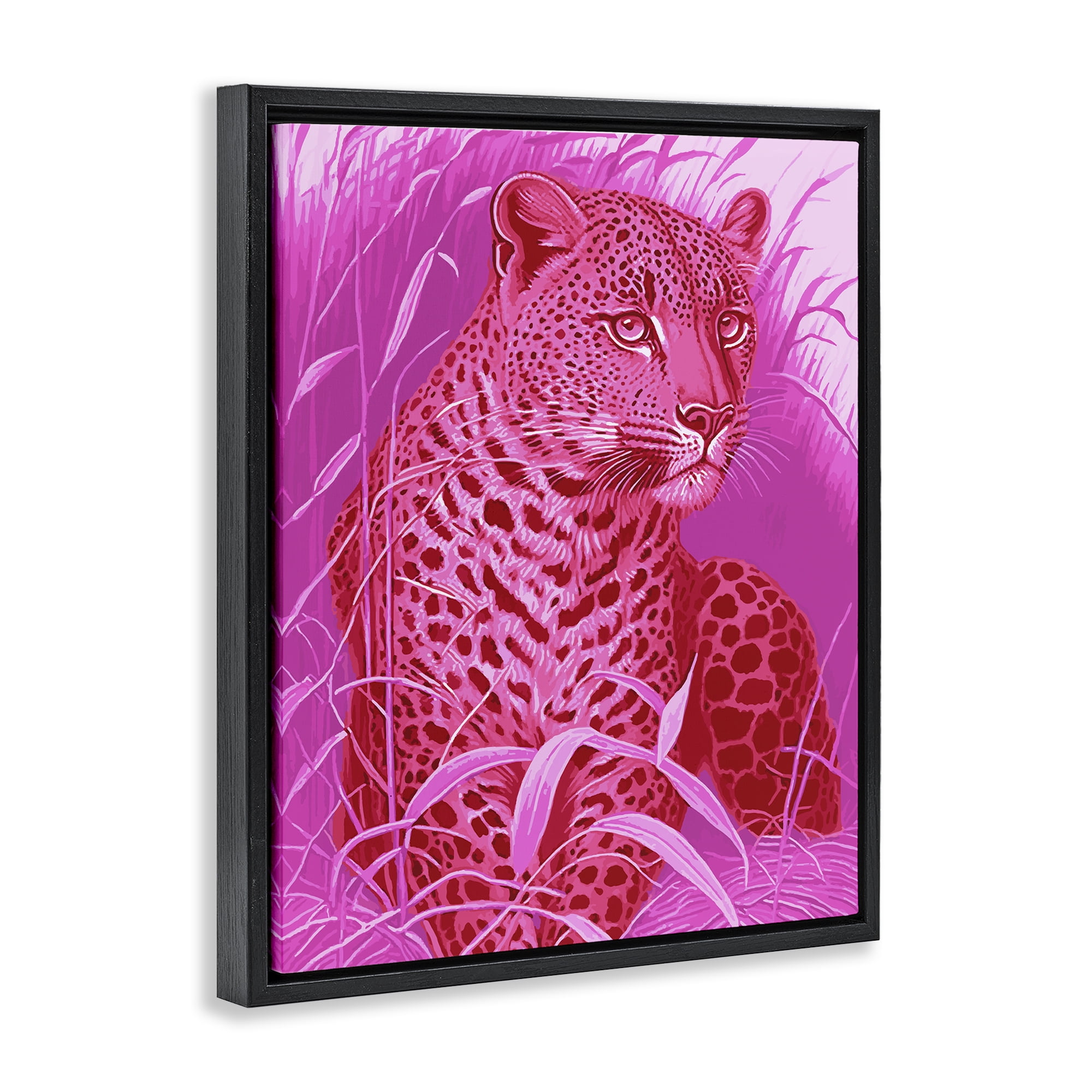 Stupell Industries Cheetah Among Pink Leaves Animals Painting Black Floater Framed Canvas Art Print Wall Art, 17 x 21