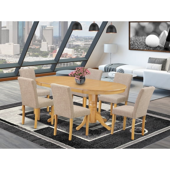 VAAB7-OAK-04 7 Piece Dining Room Set Dining Table With Self Storing Butterfly Leaf And Six Parson Chair With Oak Leg And Linen Fabric Light Fawn