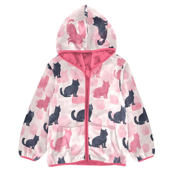 BZSMCE Double-Sided Sherpa Fleece Hooded Zipper Jacket Pink Watercolorcatsilhouettes Pattern Print Warm Outerwear