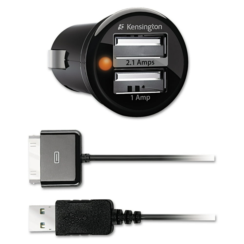Kensington PowerBolt Duo Car Charger, 2.1 + 1.0 Amp Ports, Detachable 30Pin Cable
