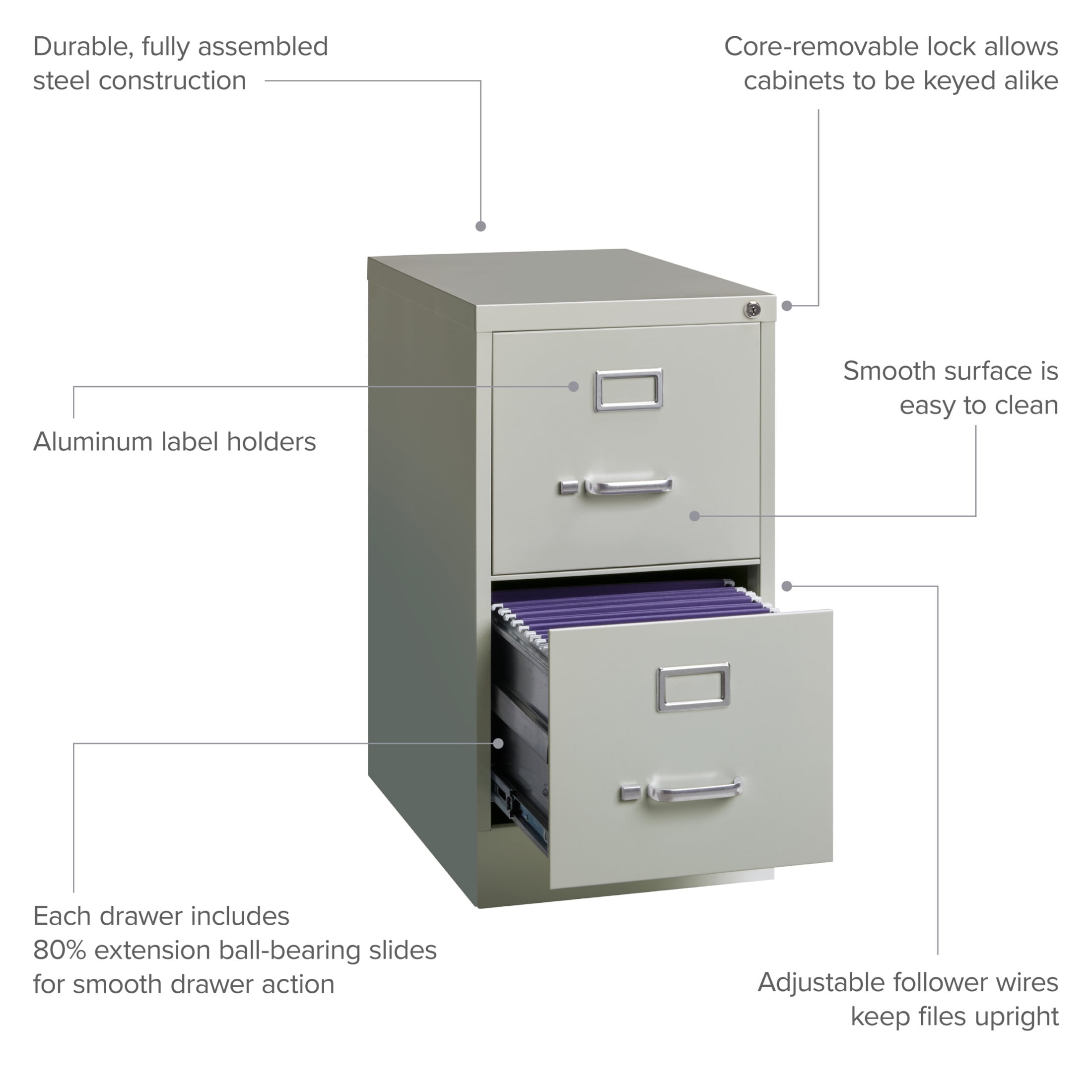 Hirsh 2 Drawer Letter Locking Metal Vertical File Cabinet, 22" Deep, Light Gray