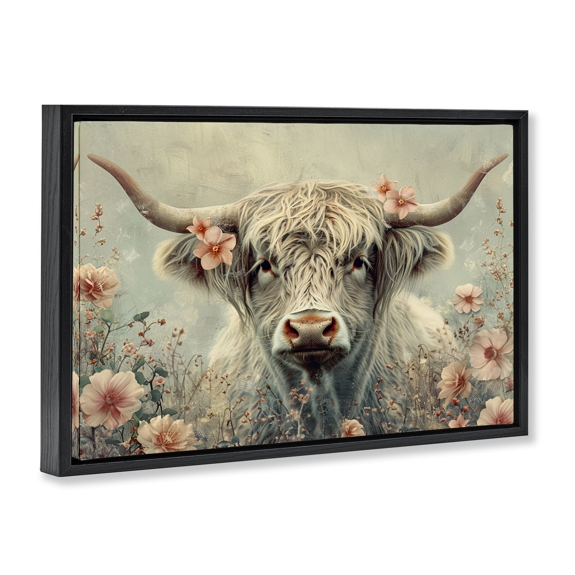 Stupell Industries Cow with Cherry Blossoms Animals Painting Black Floater Framed Canvas Art Print Wall Art, 25 x 17