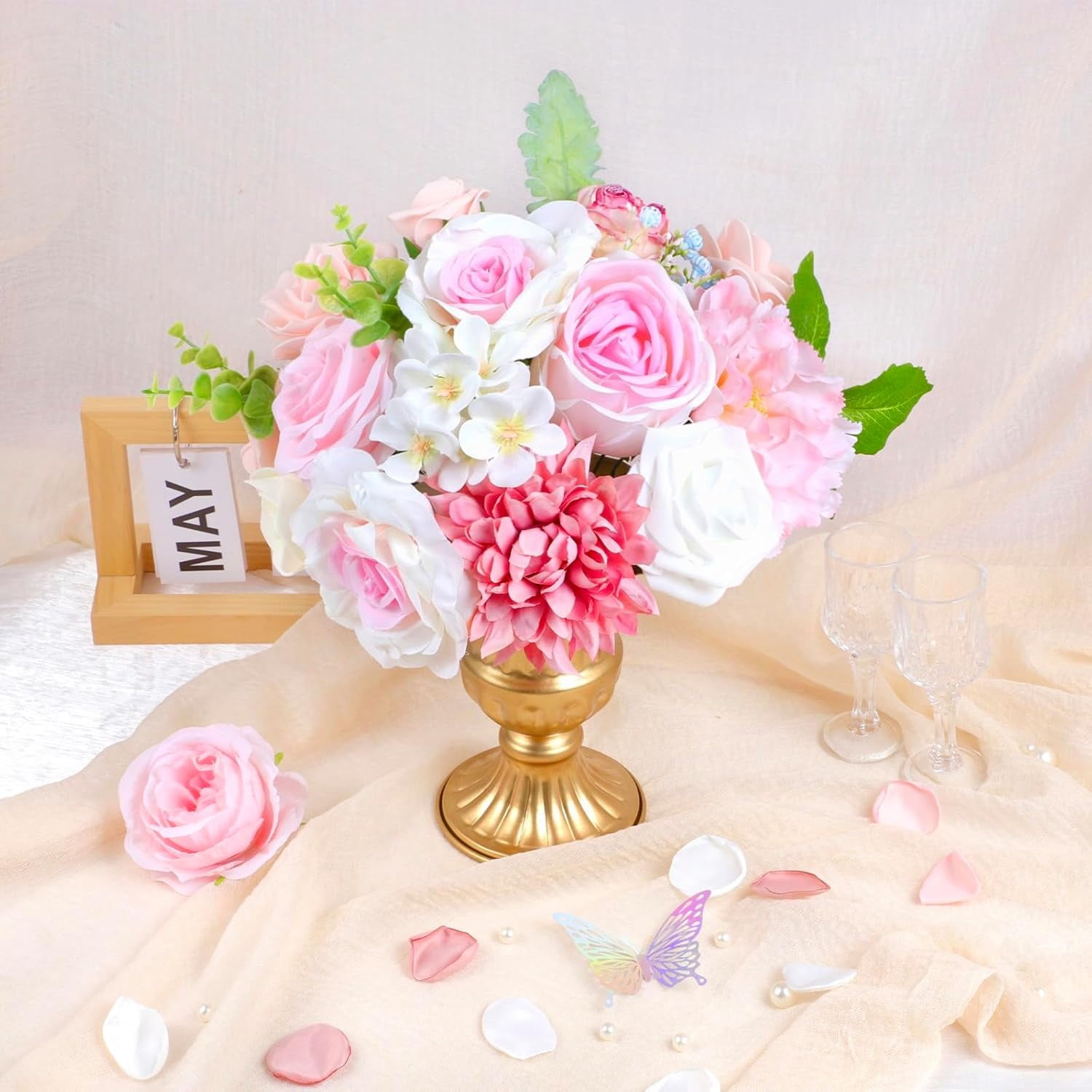 Blue Pink Artificial Flowers Combo, Roses Fake Flowers with Stems Wedding Pastel Flowers for Decorations DIY Bouquets Centerpieces Floral Arrangements Decor