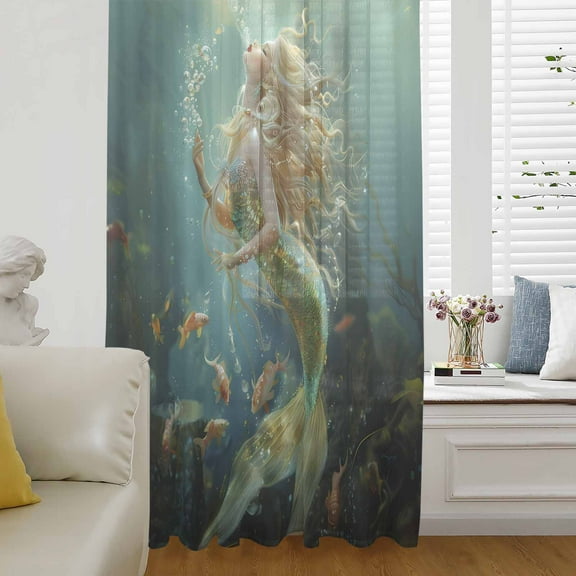 Coastal Ocean Semi Sheer Curtains Drapes for Living Room, Bedroom, French Doors Window 72 Inches Long, Tropical Fish Sea Animals Seaweed Green Rod Pocket Chiffon Curtain Drapery Voile Drape Panel