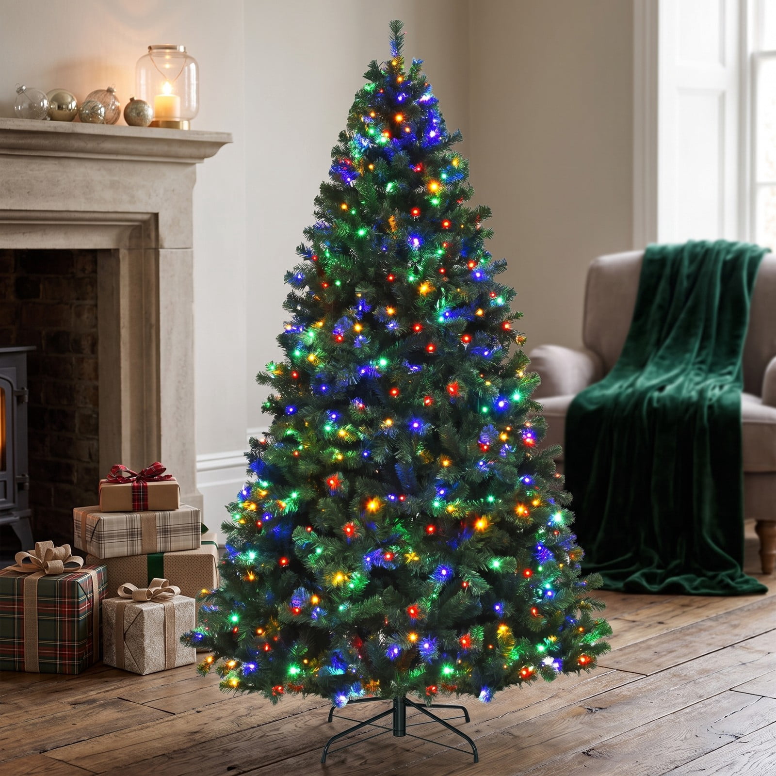 RUIE 7.5 FT Pre-Lit Artificial Spruce Christmas Tree with 550 Multicolor LED Lights and 1075 Branch Tips, Auto-Spread Metal Stand for Indoor Holiday Festival, Green