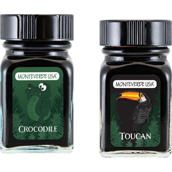 Monteverde 60ml Ink, Crocodile (Green), Toucan (Black) Jungle Ink (G309CR, G309TC) Fountain Pen Ink (30ml Each Ink Bottle, 2 Pack)