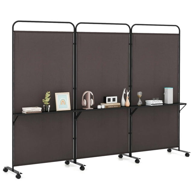 Costway 3-Panel Room Divider with Storage Shelves 6FT Tall Folding Privacy Screen on Wheels Brown