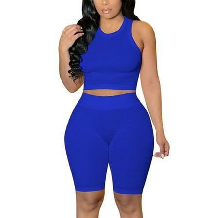JWZUY Ribbed Knit Outfits for Women 2 Piece Stretchy High Waist Leggings Bodycon Crewneck Tank Tops Workout Set Blue XL