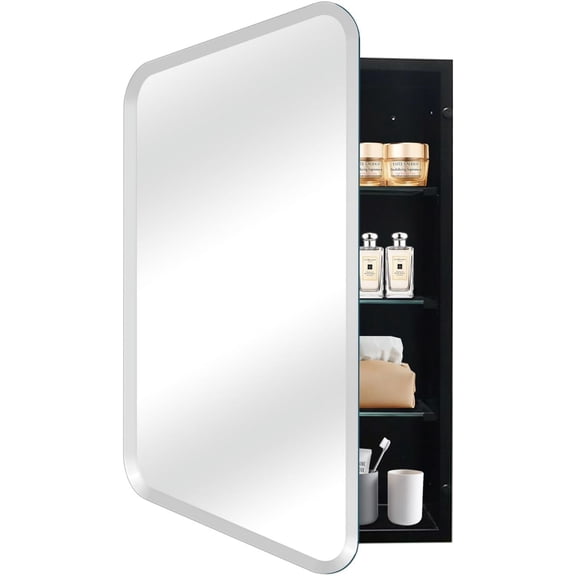 Medicine Cabinet with 16" x 26" Frameless Mirror, Black Large Modern Medicine Cabinet for Bathroom, Recessed or Surface Mount Mirror Cabinet