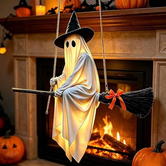 Halloween Decorations Ghost Flying Broom Hanging Decoration, Ghost Broom Ornament, Halloween Porch Yard Decor, Tree Hanging Accent, Seasonal Party Display