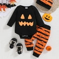 thumbnail image 2 of LIIPEE Boys Girls Outfit Halloween Cartoon Pumpkin Printed Long Sleeve Round Neck Bodysuit Striped Pants Set Baby Breathable Family Gatherings Outfits,Black,6-9 Months, 2 of 9