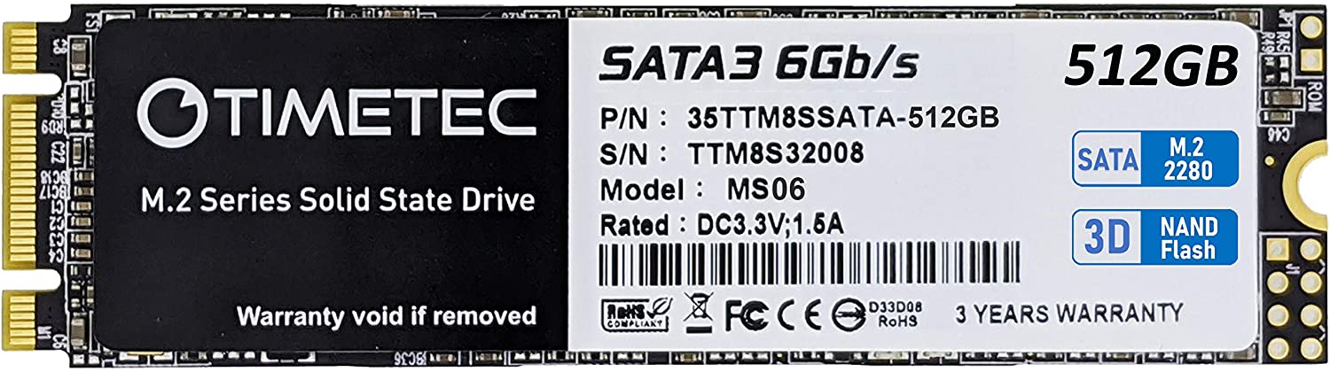 Timetec 512GB SSD 3D NAND TLC SATA III 6Gb/s M.2 2280 NGFF 256TBW Read Speed Up to 530MB/s SLC Cache Performance Boost Internal Solid State Drive (512GB)