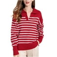 thumbnail image 2 of AGWOLF Womens V Neck Sweater Striped Ribbed Knit Jumper Shirts Lapel Collar Long Sleeve Pullover Tops, 2 of 7