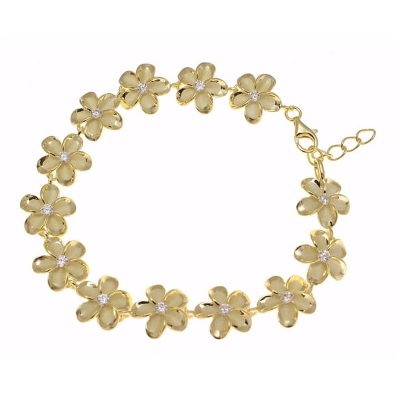 925 Sterling silver yellow gold plated Hawaiian 12mm cz plumeria flower bracelet 7"