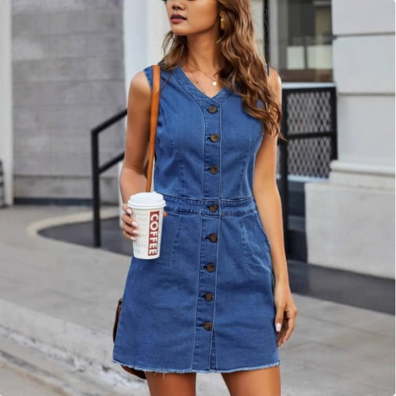 Women Sleeveless V Neck Button Down Frayed Hem Short Denim Dress