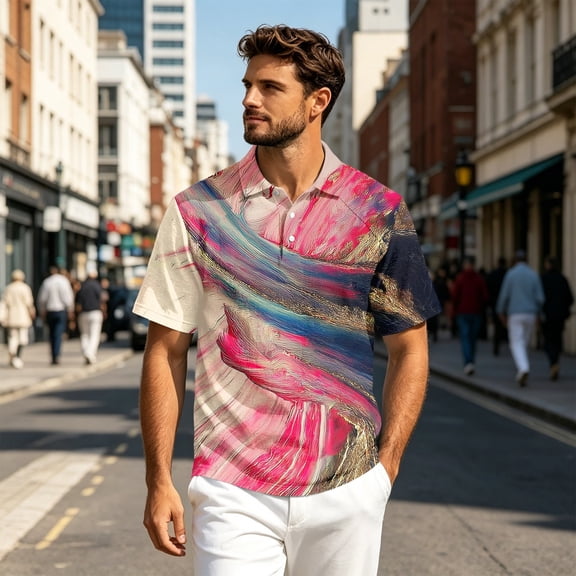 Men's Tie Dye Polo Shirts Short Sleeve Henley Button T Shirts Summer Vacation Causal Tees, 3XL