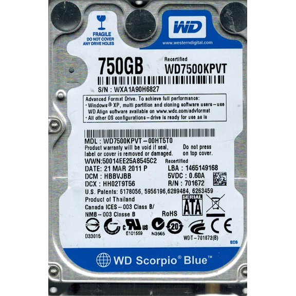 Western Digital WD7500KPVT-00HT5T0 750GB DCM: HBBVJBB