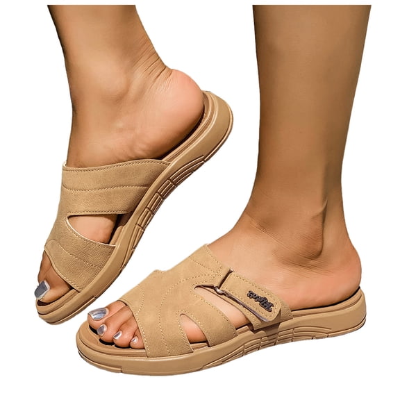 Rokment Womens Orthopedic Flat Walking Slides Sandals for Beach Summer 2026 Fashion Casual Comfortable Leather Open Toe Memory Foam Platform Slippers Brown Size 6