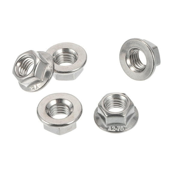 Unique Bargains 5 Pcs M10*1.5 Car Flange Nuts 304 Stainless Steel Flat Hex Lock Flange Nuts Non-Slip Lock Flange Silver Tone for Car Motorcycle
