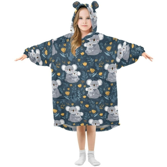 Wearable Blanket Hoodie for Kids Koalas and Flowers Flannel Hooded Blanket with Pockets and Sleeves Suitable for Boys and Girls