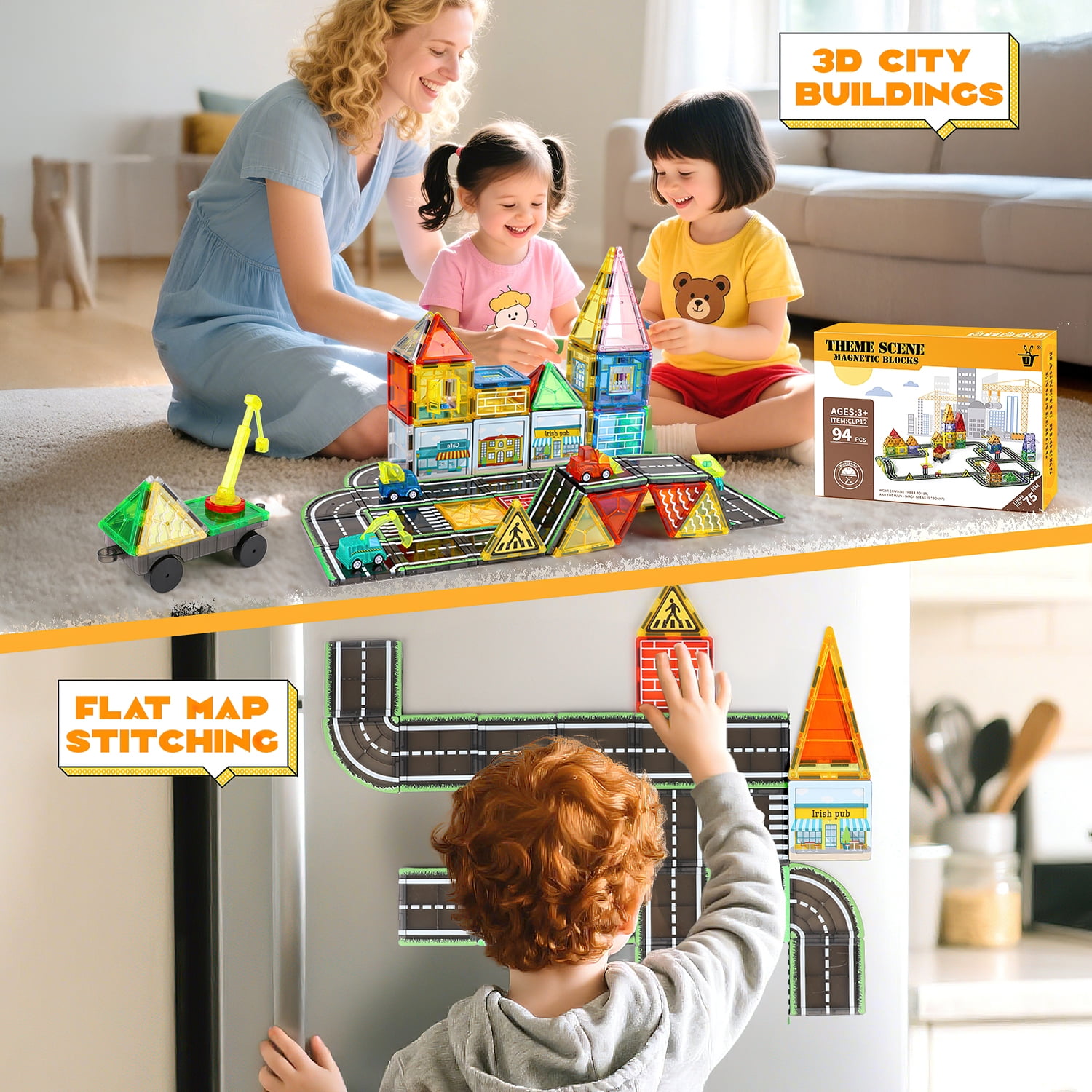 Freecat Magnetic Tiles 94PCS Large Size 75MM, Magnetic Building Blocks with Engineering Truck & Road Blocks, STEM Educational Toys for Kids Ages 3-6, Birthday Gifts for Boys Girls Toddlers.