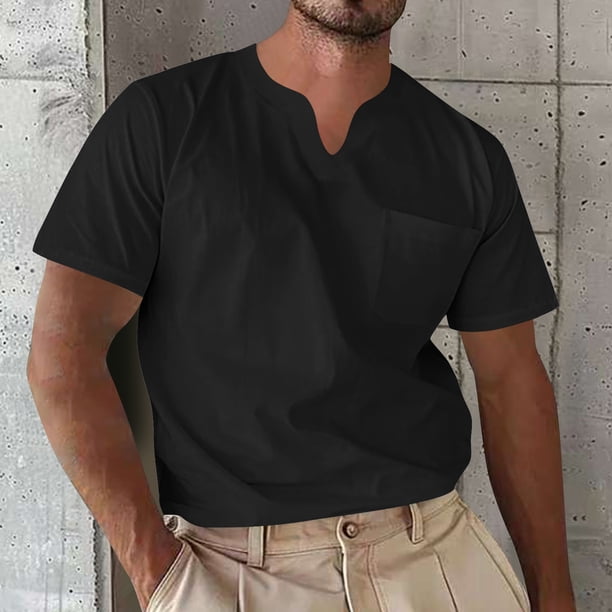 pstuiky camisetas para hombre, Camisa informal de verano para hombre, de manga corta, color liso, con cuello en V y bolsillo ropa de hombre xl
