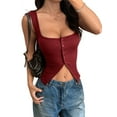 thumbnail image 3 of Womens Square Neck Button Down Ribbed Tank Tops Cute Sleeveless Summer Tops Red XL, 3 of 7