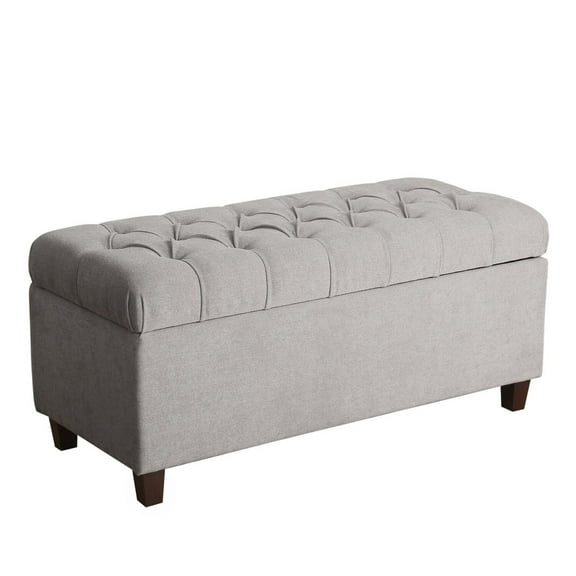 Upholstered Button Tufted Wooden Bench With Hinged Storage in Gray & Brown