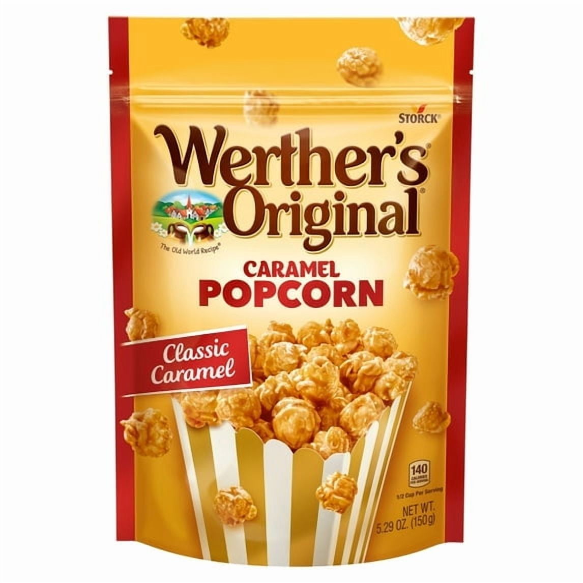 Werther's Original Caramel Popcorn, Classic Caramel, 5.29 oz-4pk, With Olive Green Bowl By ValueNest