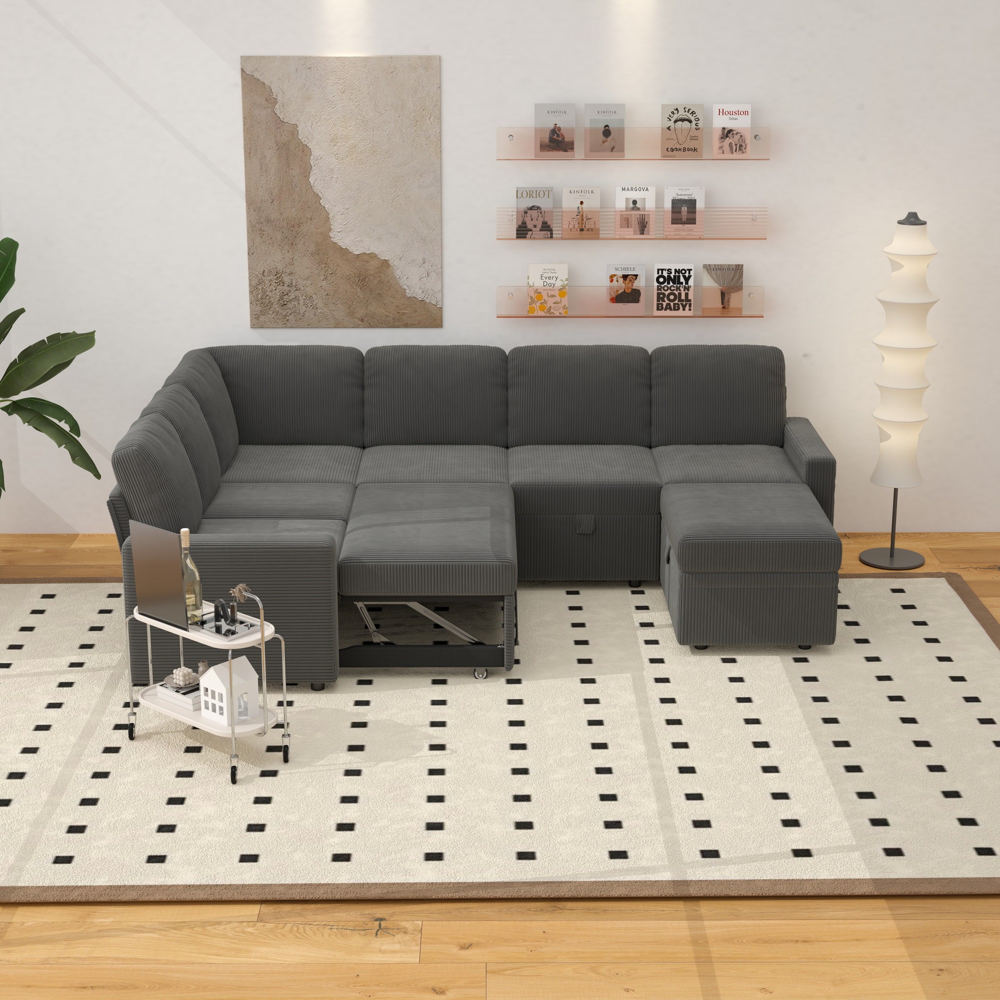 Gewnee 6-Seater Gray L-Shaped Convertible Sofa - Soft-Touch Corduroy Fabric,Multifunctional Storage, for Living Rooms & Halls（including 1 footstool）