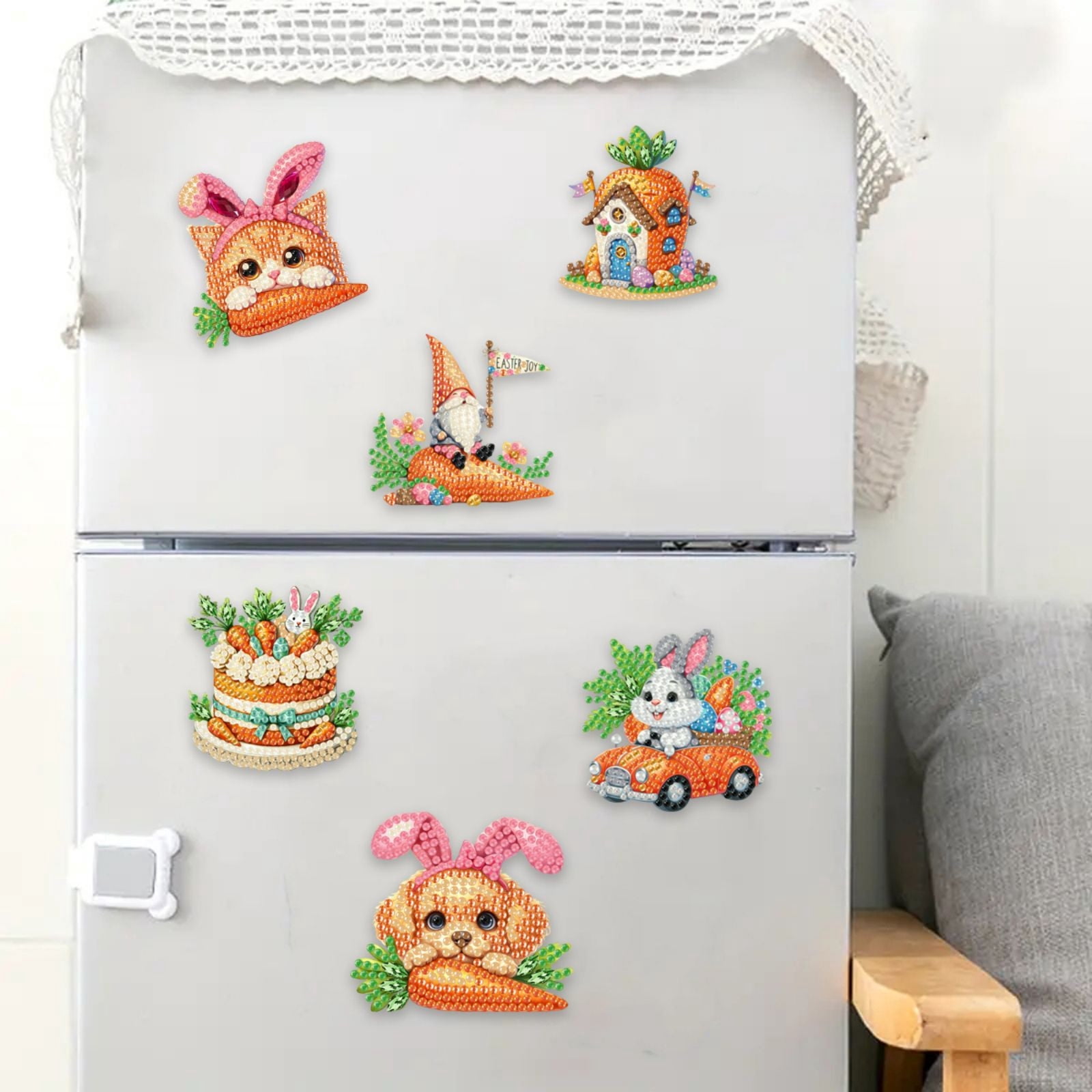 FLOPESN 6Pcs Holiday DIY Diamond Art Painting Refrigerator Magnet,Creative Design Easter St. Patrick's Day Acrylic Home Decors-Carrots