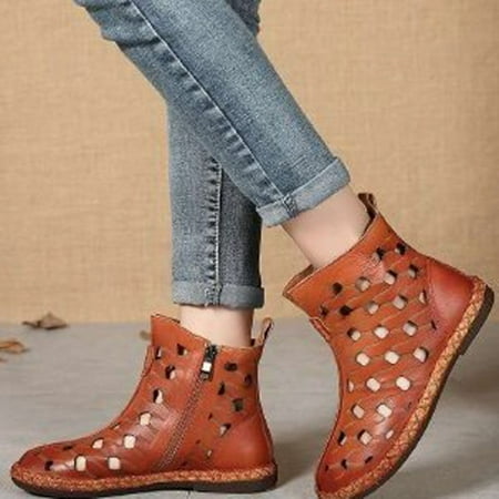 

YOTAMI Women s Boots Autumn Hollow Out Breathable Casual And Comfortable Heel Zipper Short Boots Fashion Brown
