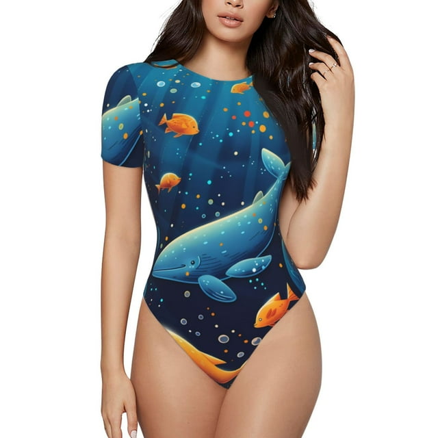 Bingfone Motif Fantaisie sous-Marine Justaucorps à Col Rond pour Femmes, Manches Courtes à Boutons-Pression, Adapté pour Fête, Sports, Usage Quotidien-TTG