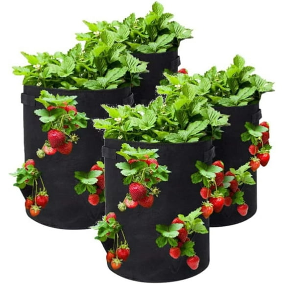 Nvzi 4 Pack 10 Gallon Strawberry Grow Bags Strawberry Planter with 8 Side Grow Pockets Re-usable Vertical Strawberry Grow Bag with Handle for Vertical Gardening