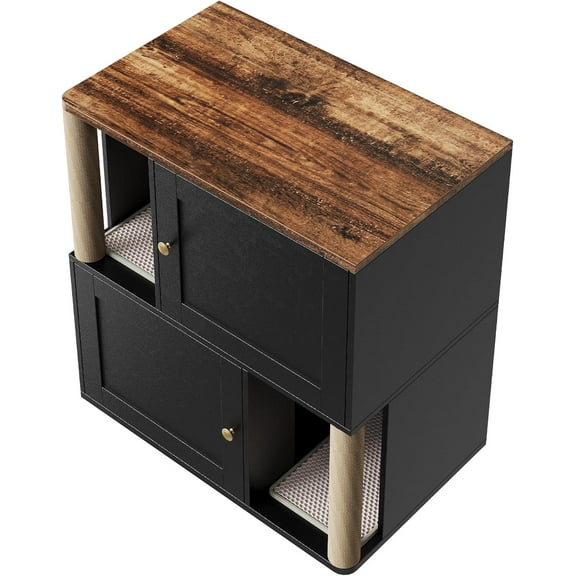 Acekid Double Layer Cat Litter Box Enclosure for 2 Cats - Hidden Litter Box Furniture with Scratching Post & Board, Wooden Washroom/Bed, Pet House End Table (Black)