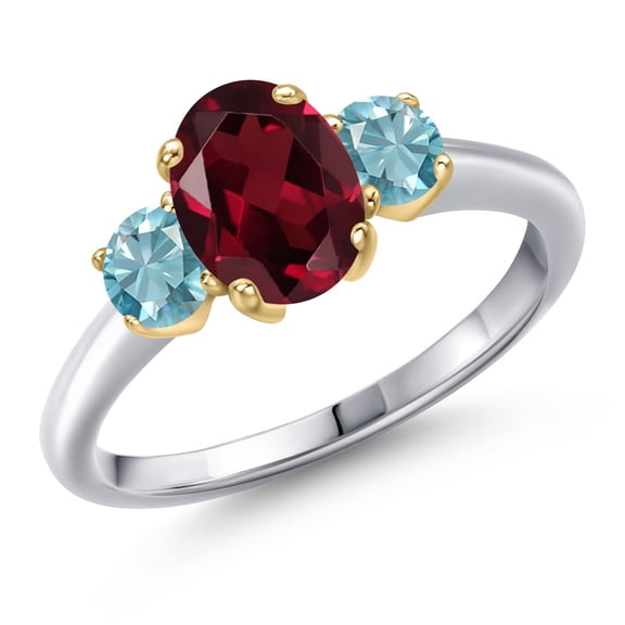 Gem Stone King 925 Silver and 10K Yellow Gold Red Rhodolite Garnet and Blue Zircon Engagement Ring for Women | 2.35 Cttw | Oval 8X6MM | Gemstone January Birthstone | Size 6