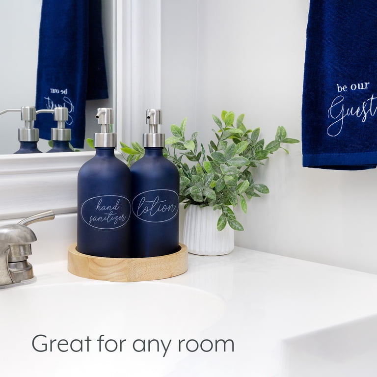 Cornucopia 16oz Glass Pump Bottles – Set Of 2 Navy Blue With Silver Pumps, Stainless Steel Tops, Labels Included, For Soap, Lotion, Sanitizer, And Dish Soap