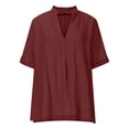 thumbnail image 5 of QLEICOM Womens Button Down V Neck Shirts Short Sleeve Blouse Roll Up Cuffed Sleeve Casual Work Plain Tops Summer Comfort Cotton and Linen Top Tee Shirts Pullover Blouses Wine S, 5 of 6