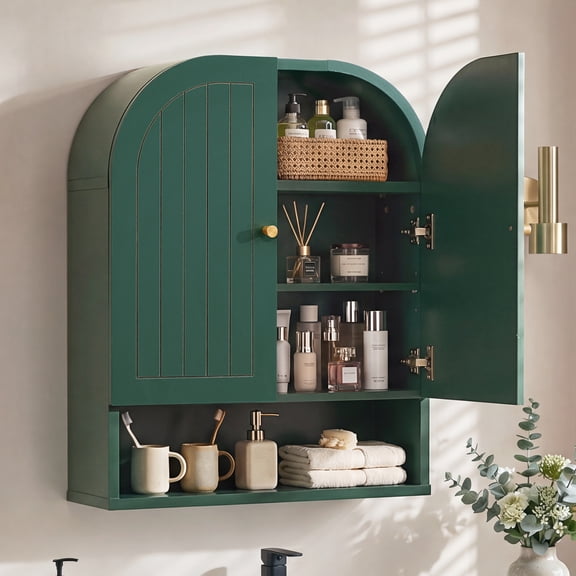 Wirrytor Modern Arched Bathroom Cabinet Wall Mounted, Kitchen Medicine Cabinet Storage Organizer with Fluted Panel Doors, Green