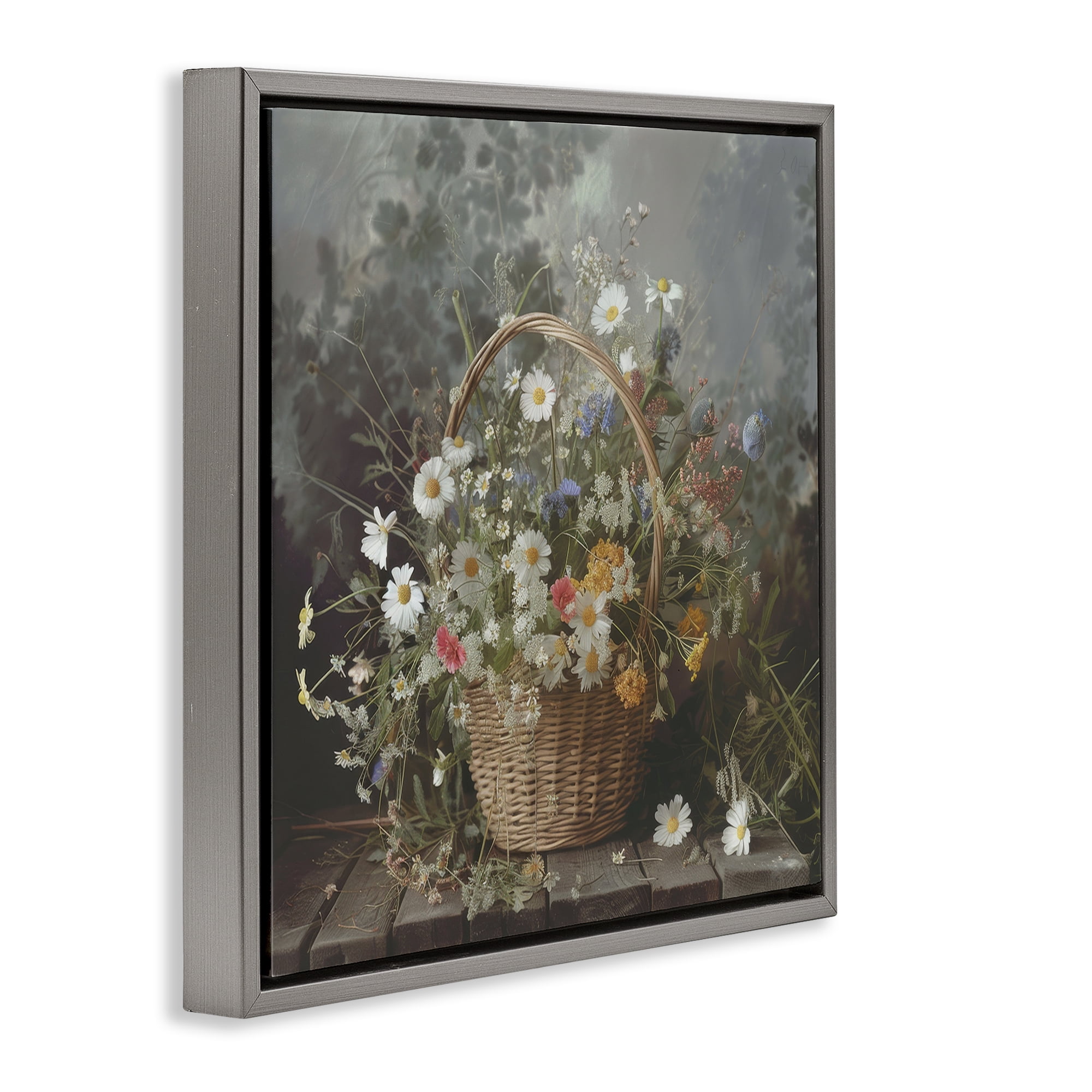 Stupell Industries Florals In A Basket Arrangement Gray Framed Floater Canvas Wall Art, design by Lazar Studio