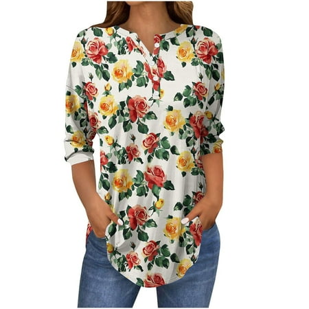 New Arrivals Womens V Neck Floral Shirt 3/4 Sleeve Tees Tshirts Fall Tops Casual Blouse Fall Fashion Must Haves My Items